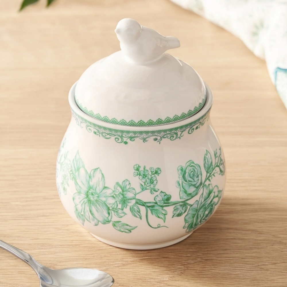 💜 New Pioneer Woman Agatha Green and White Serveware Sugar Bowl With Lid